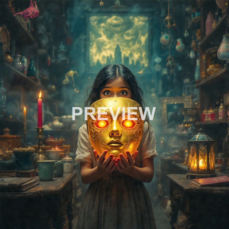 A young girl with wide eyes holding a glowing, ornate gold mask with fiery eyes in a dimly lit, cluttered antique shop filled with various objects and candles.